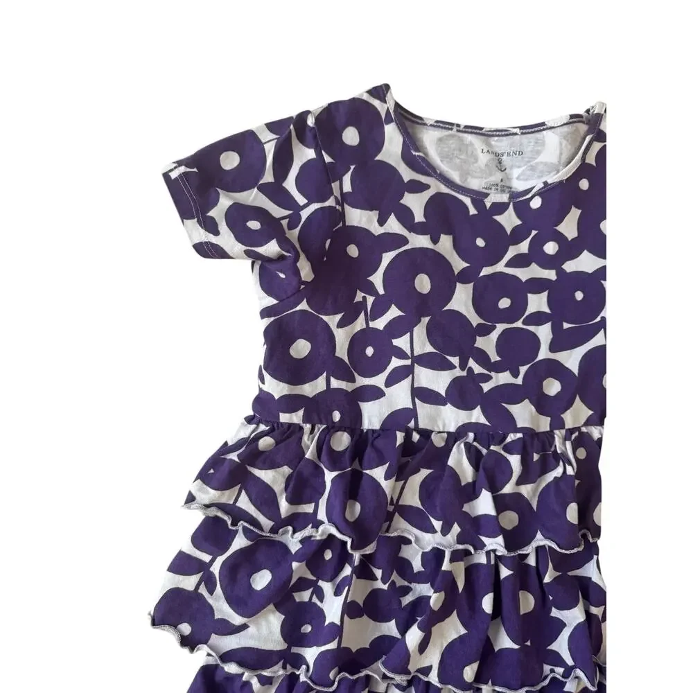 NWT Lands' End | Purple Floral Short Sleeve Tiered Knit Dress | Size 8
